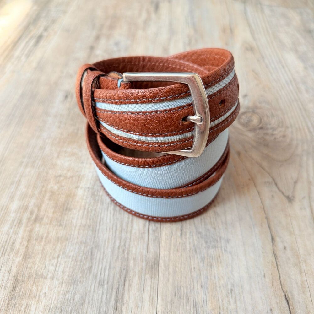 Vintage Genuine Leather Canvas Belt Brown Baby Blue Wide Y2K Belt Size 33